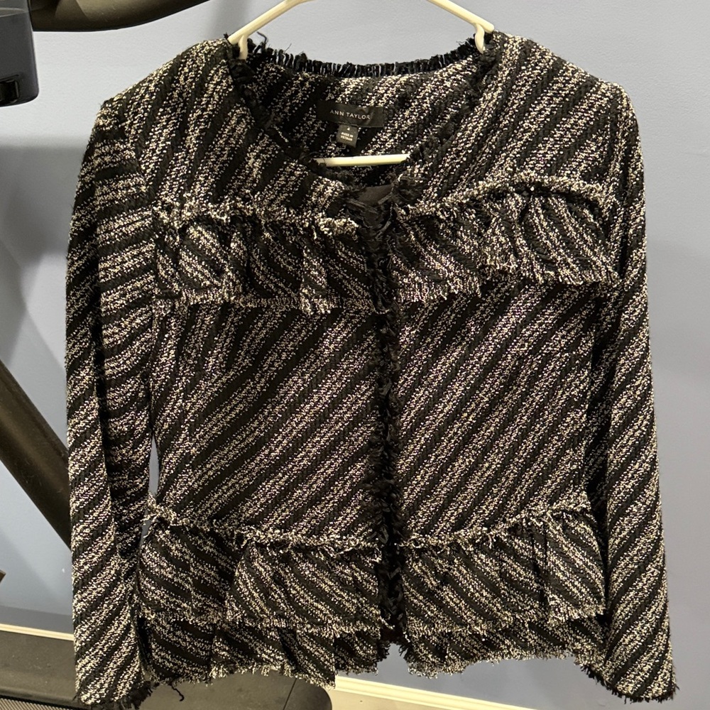 Ann Taylor Black & White Textured Fringe Tweed Blazer